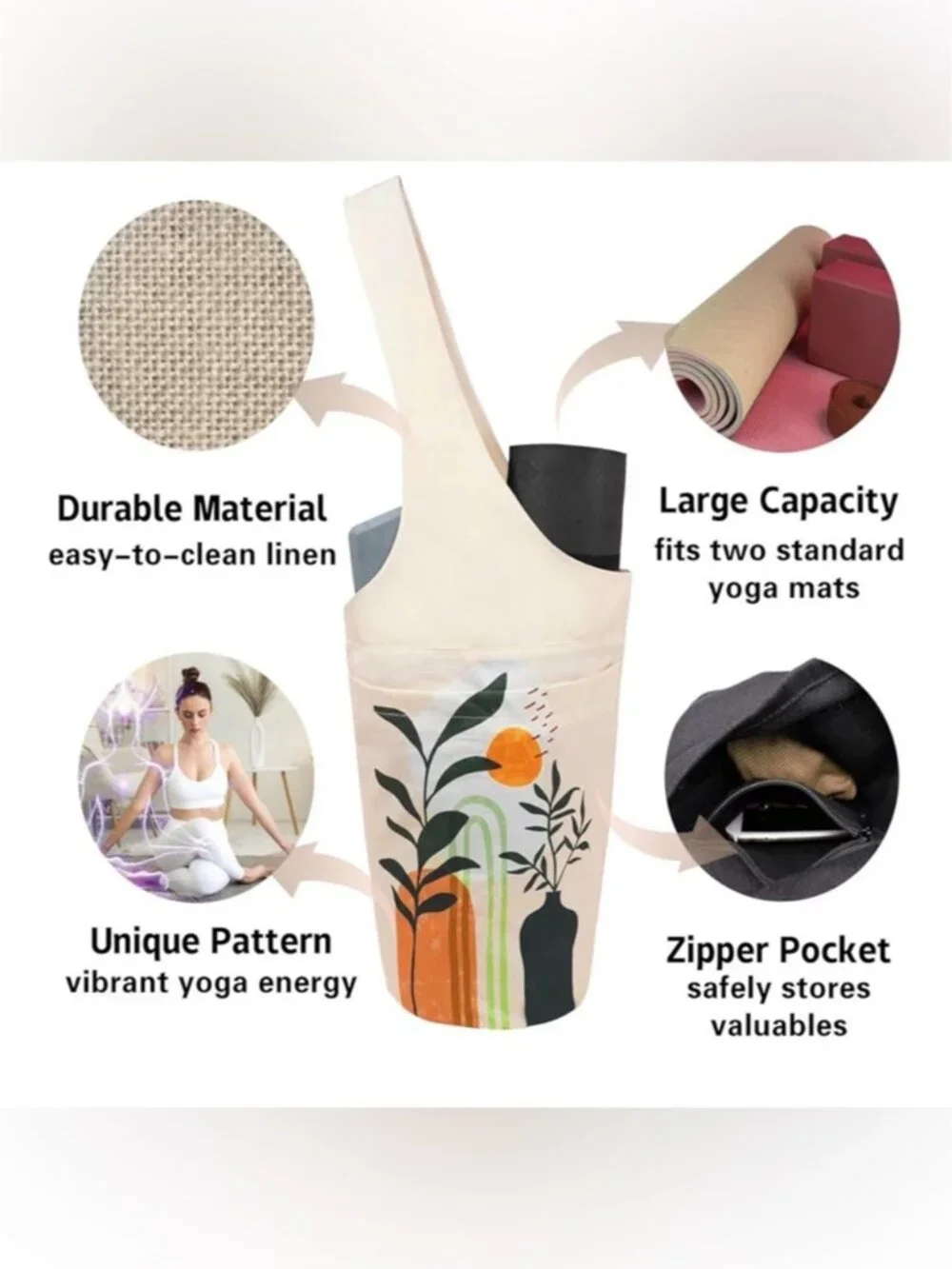 Yoga Mat Carrier Bag Boho Plants Tote Shoulder Gym Pilates Pocket Bag